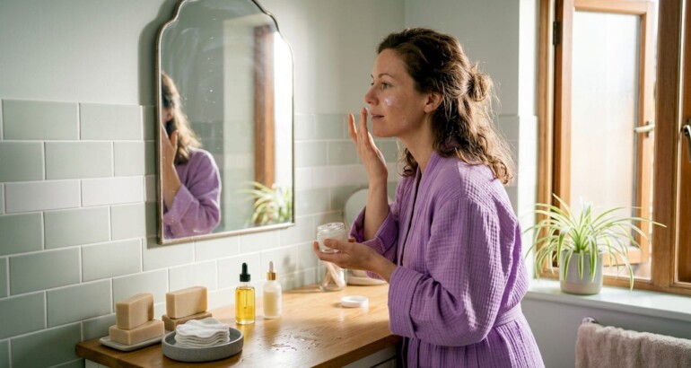 Woman practicing zero waste skincare at home