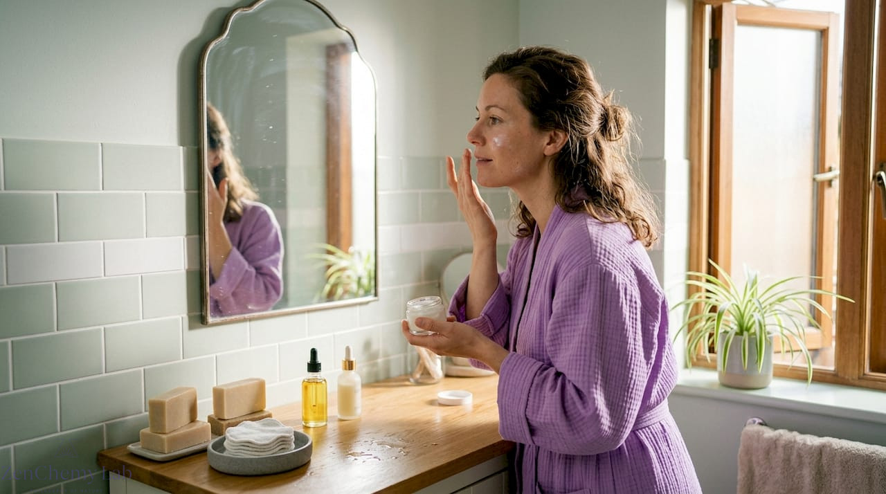 Woman practicing zero waste skincare at home