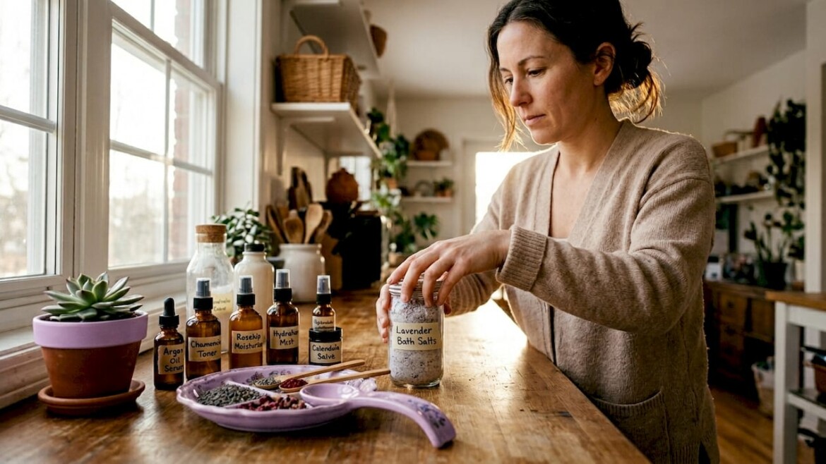 Woman organizing natural skincare on bedroom shelf