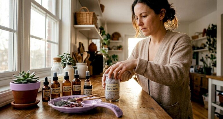 Woman organizing natural skincare on bedroom shelf