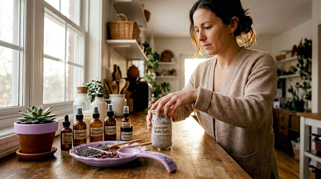 Woman organizing natural skincare on bedroom shelf