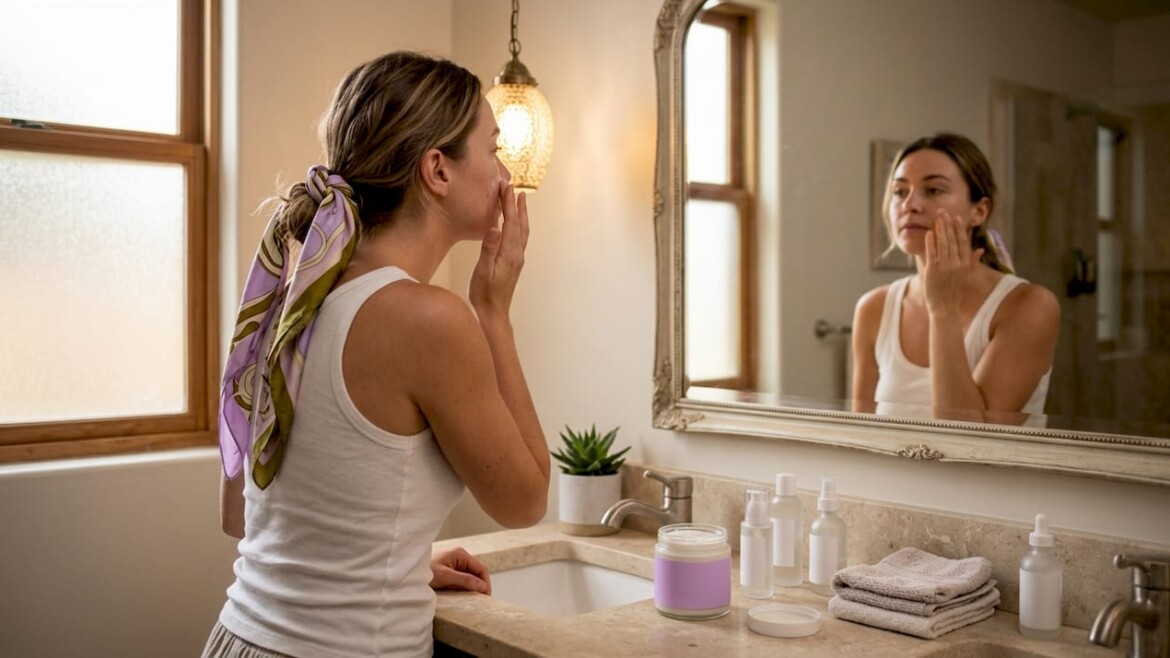 Woman applying skincare at bathroom mirror