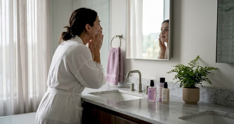 Woman using skincare routine at bathroom sink
