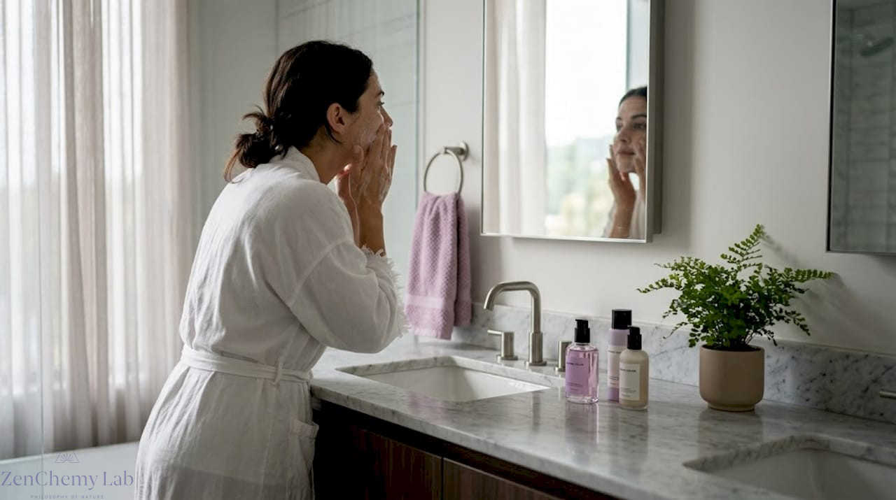 Woman using skincare routine at bathroom sink