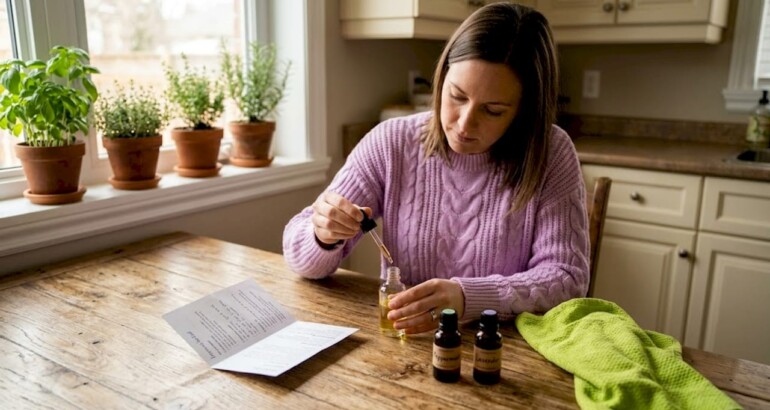 Woman preparing essential oil skincare blend at kitchen table
