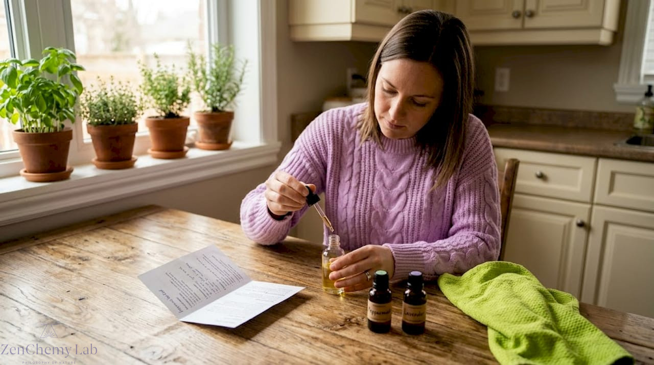 Woman preparing essential oil skincare blend at kitchen table