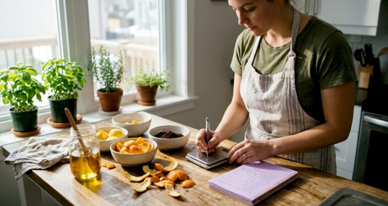 Woman sorting upcycled ingredients for skincare