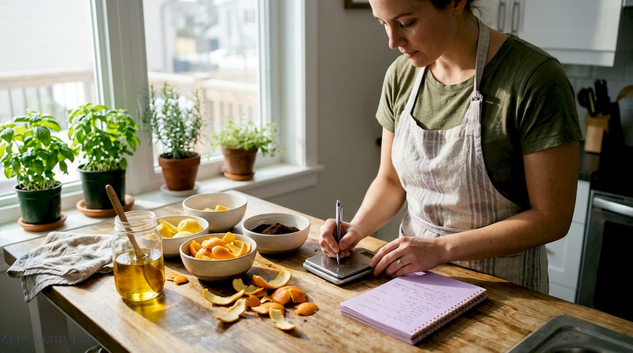Woman sorting upcycled ingredients for skincare
