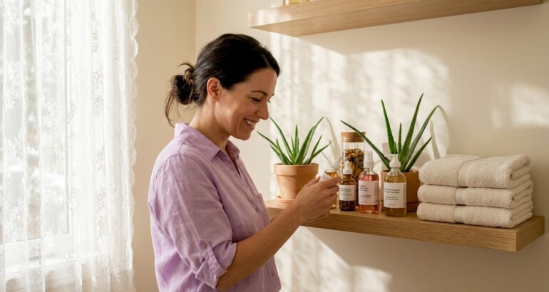 Woman reading eco-friendly beauty product label at home