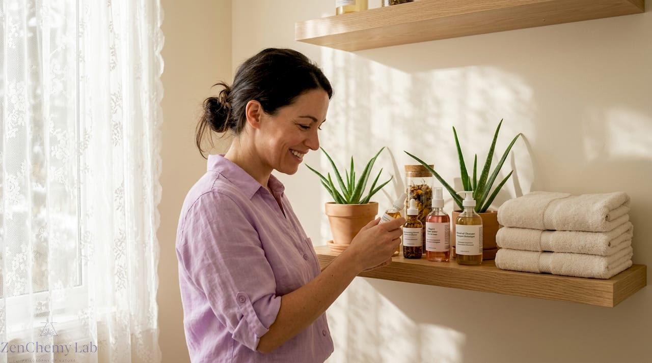 Woman reading eco-friendly beauty product label at home