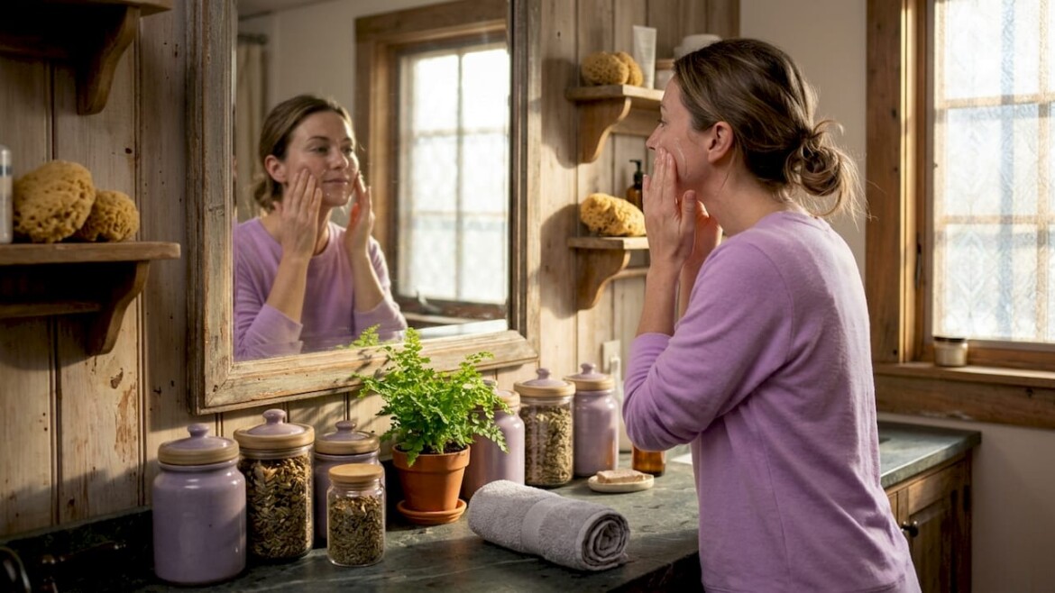 Woman applying clean skincare product in bathroom
