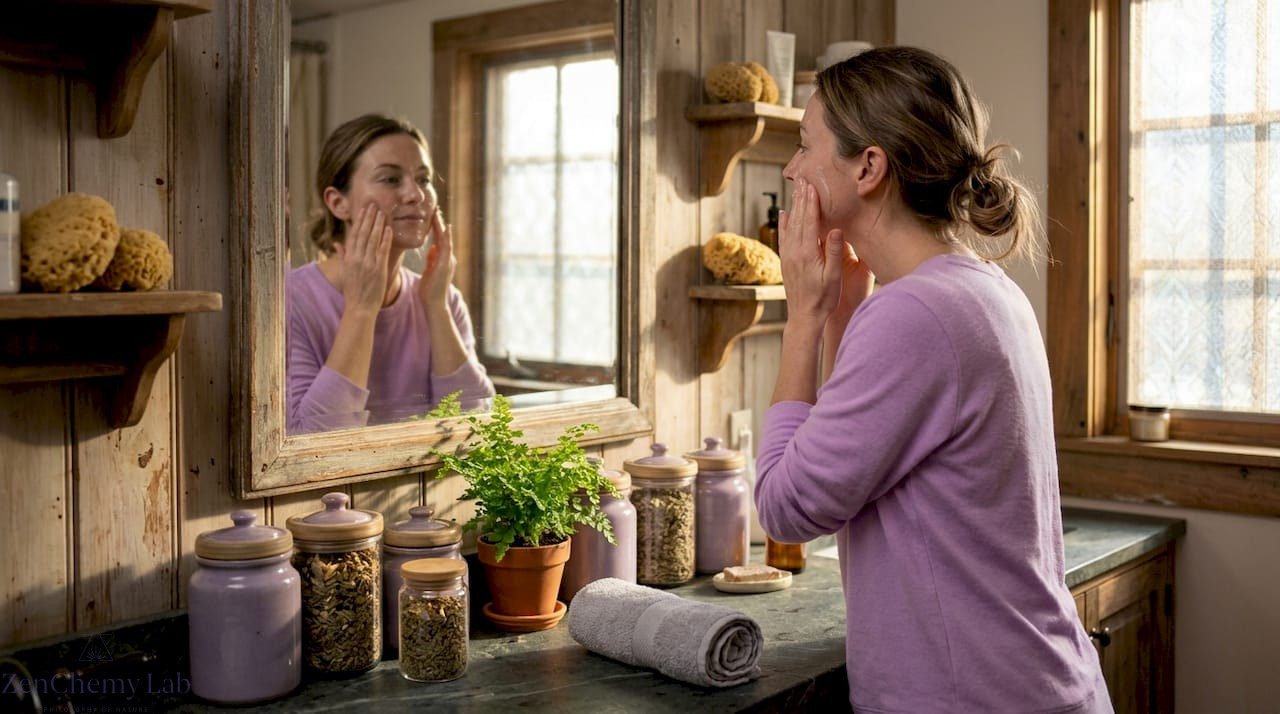 Woman applying clean skincare product in bathroom