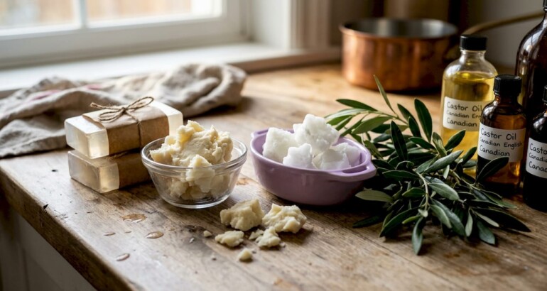 Natural soap ingredients on wooden table