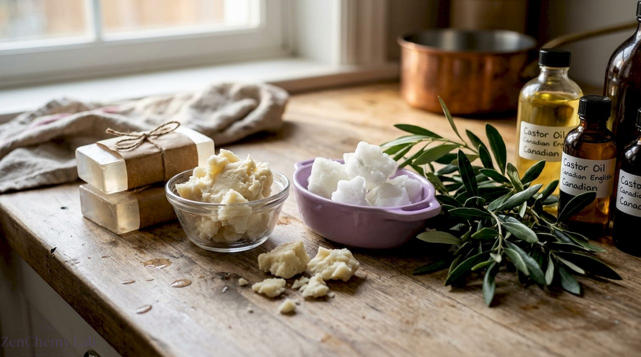 Natural soap ingredients on wooden table