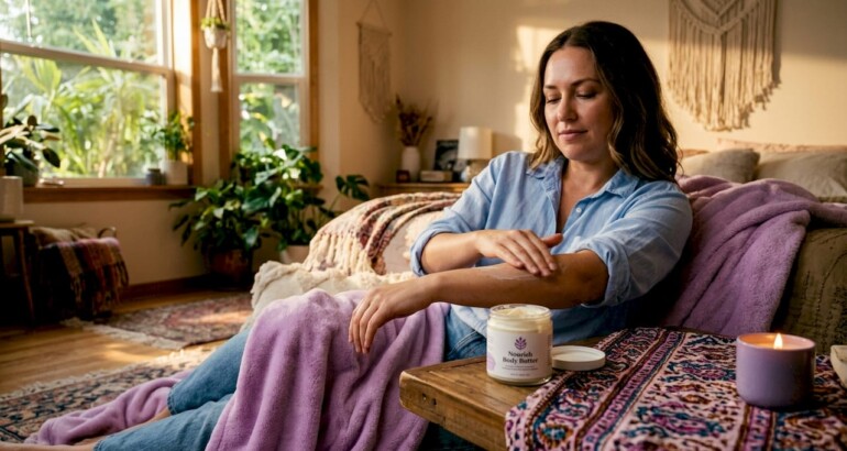 Woman applying natural body butter at home