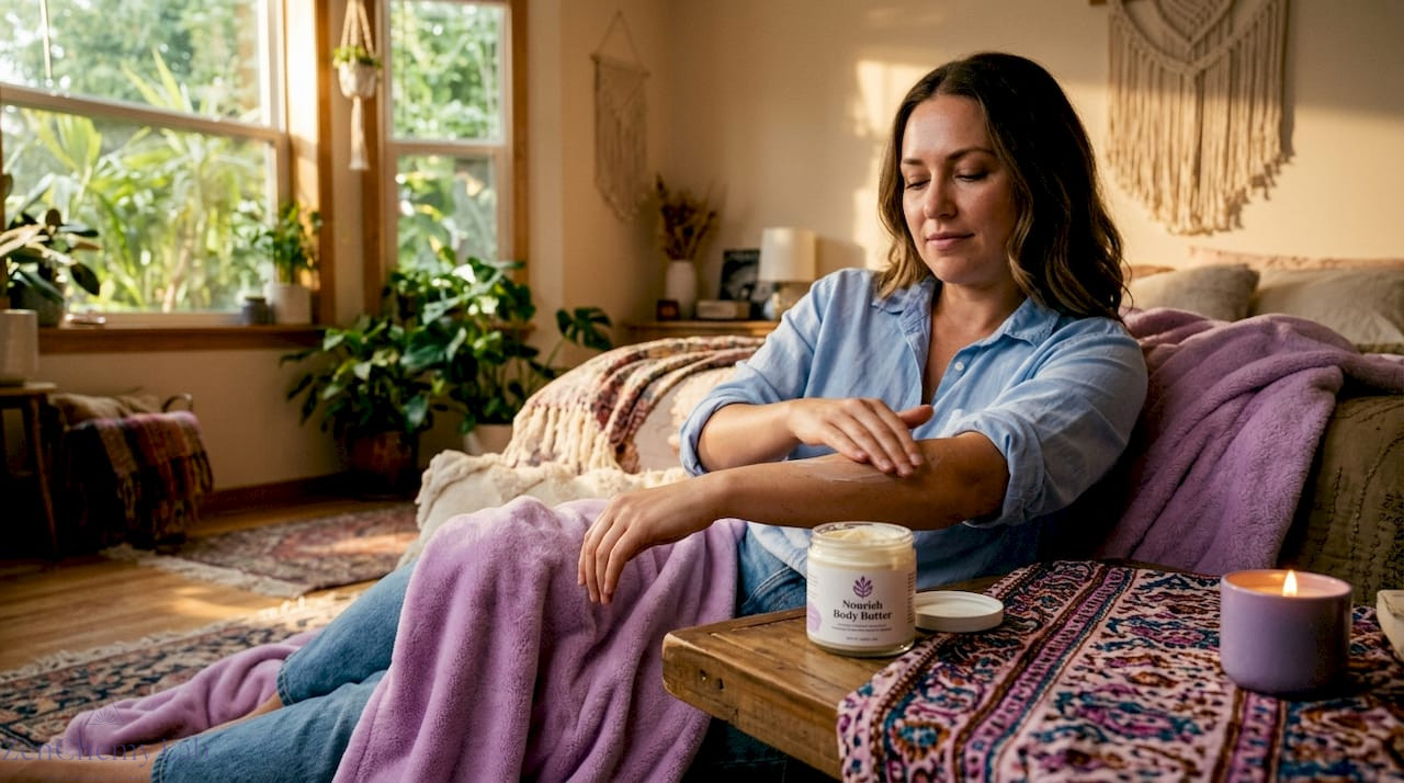 Woman applying natural body butter at home