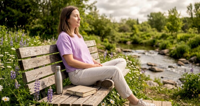 Woman practicing mindful outdoor break on park bench