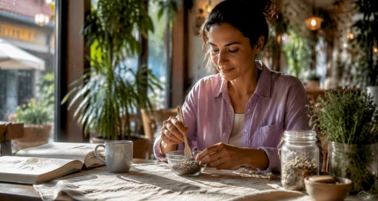 Woman mixing natural skincare ingredients at home