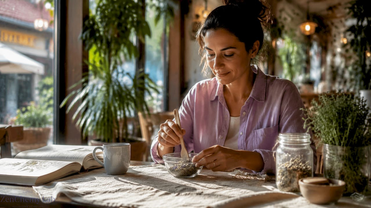 Woman mixing natural skincare ingredients at home