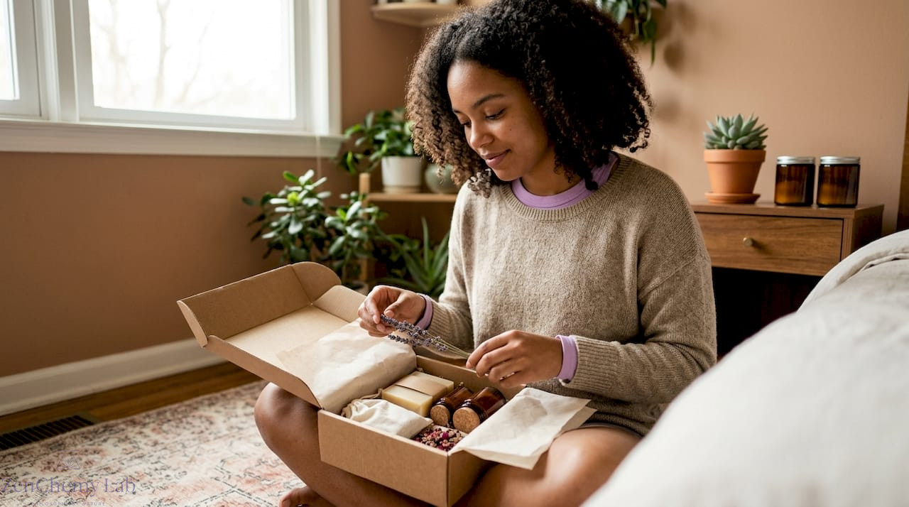 Woman unwrapping artisanal skincare gift at home