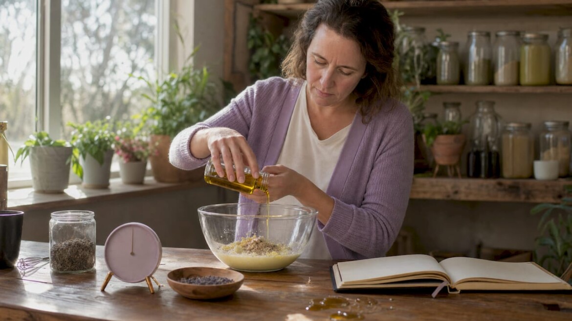 Woman mixing organic bath product ingredients in kitchen