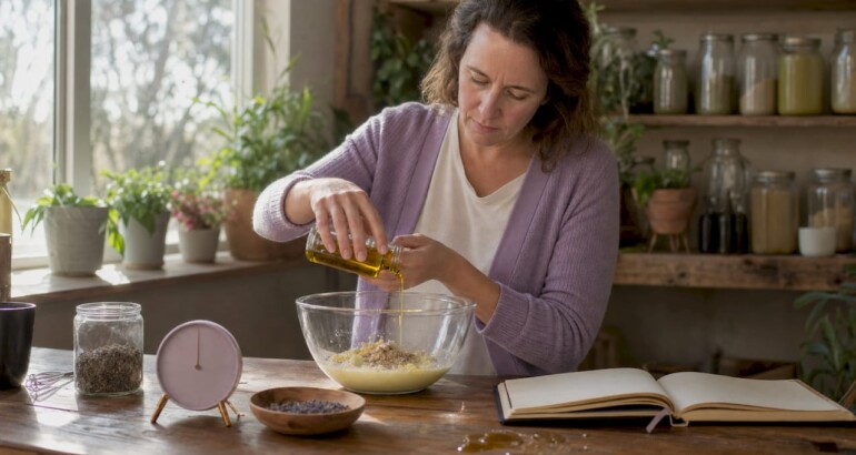 Woman mixing organic bath product ingredients in kitchen