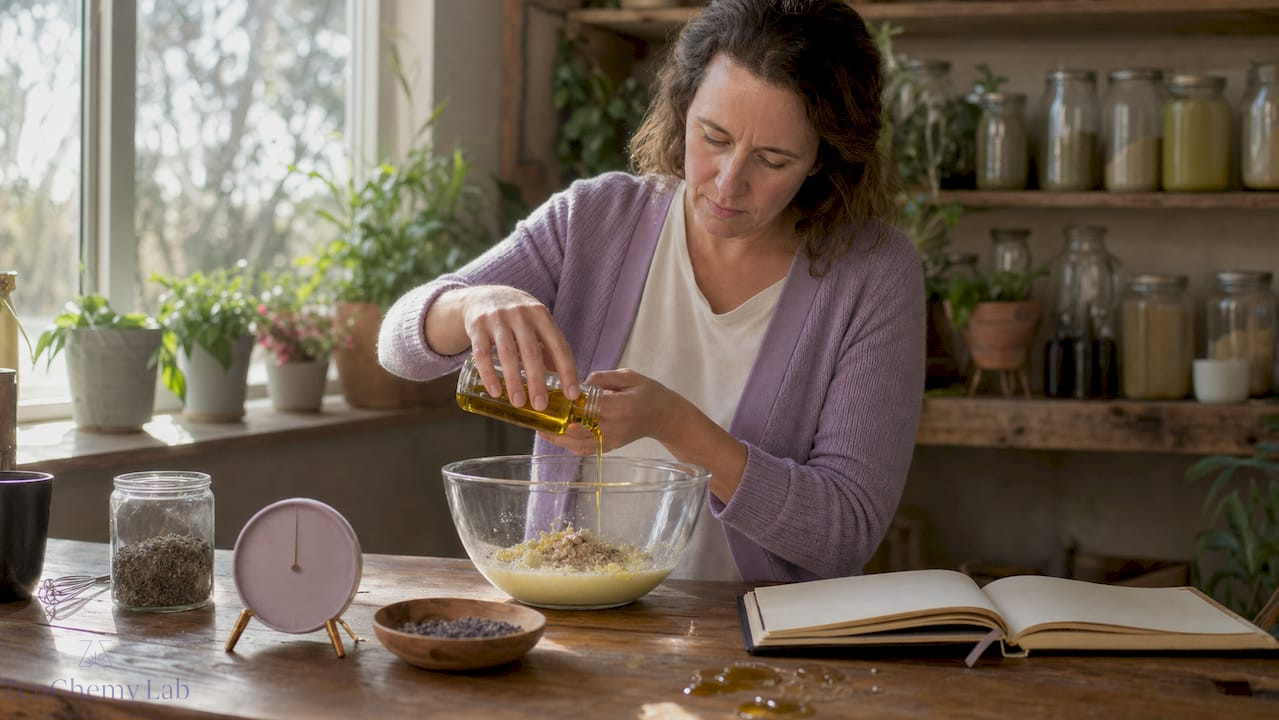 Woman mixing organic bath product ingredients in kitchen