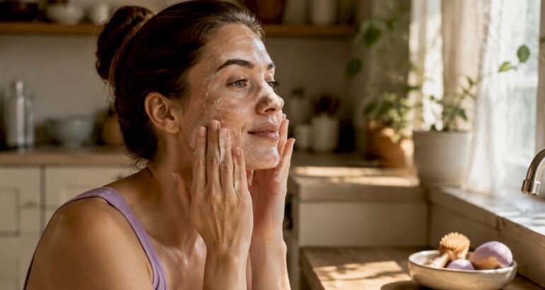 Woman applying exfoliating cream in bathroom