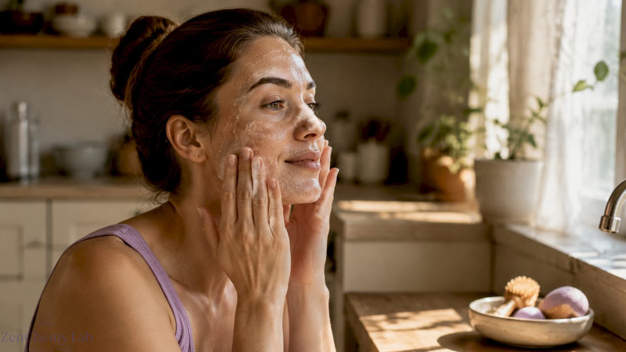 Woman applying exfoliating cream in bathroom