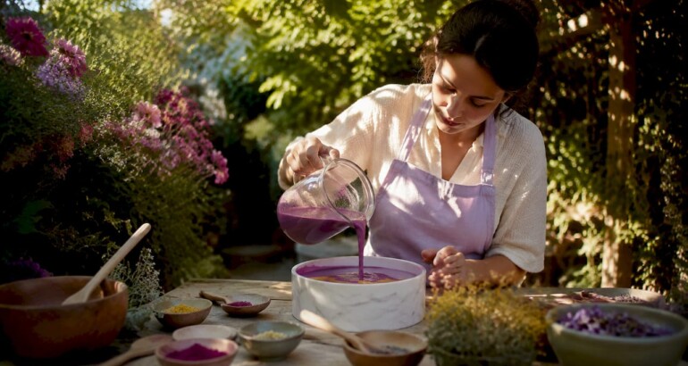 Woman pouring colorful soap mixture into mold