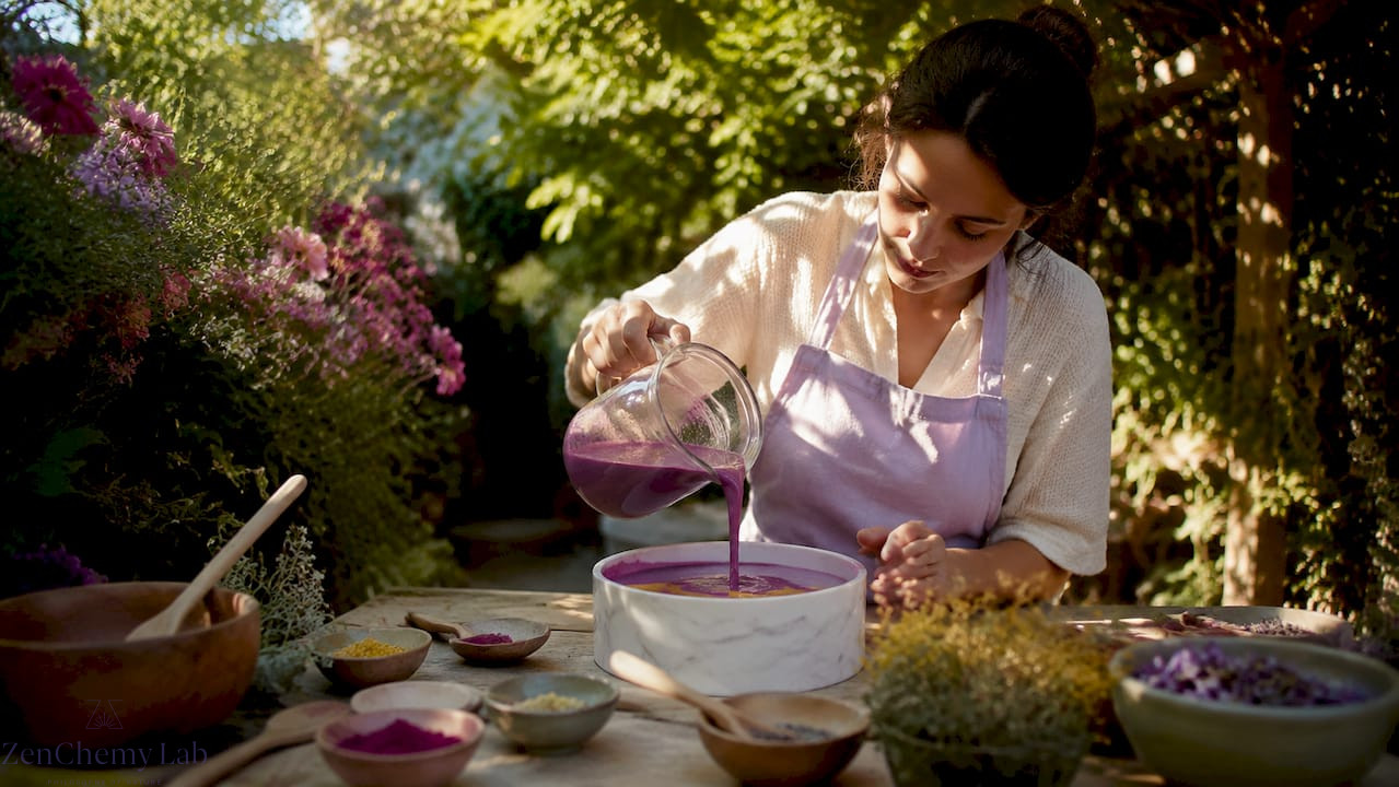 Woman pouring colorful soap mixture into mold
