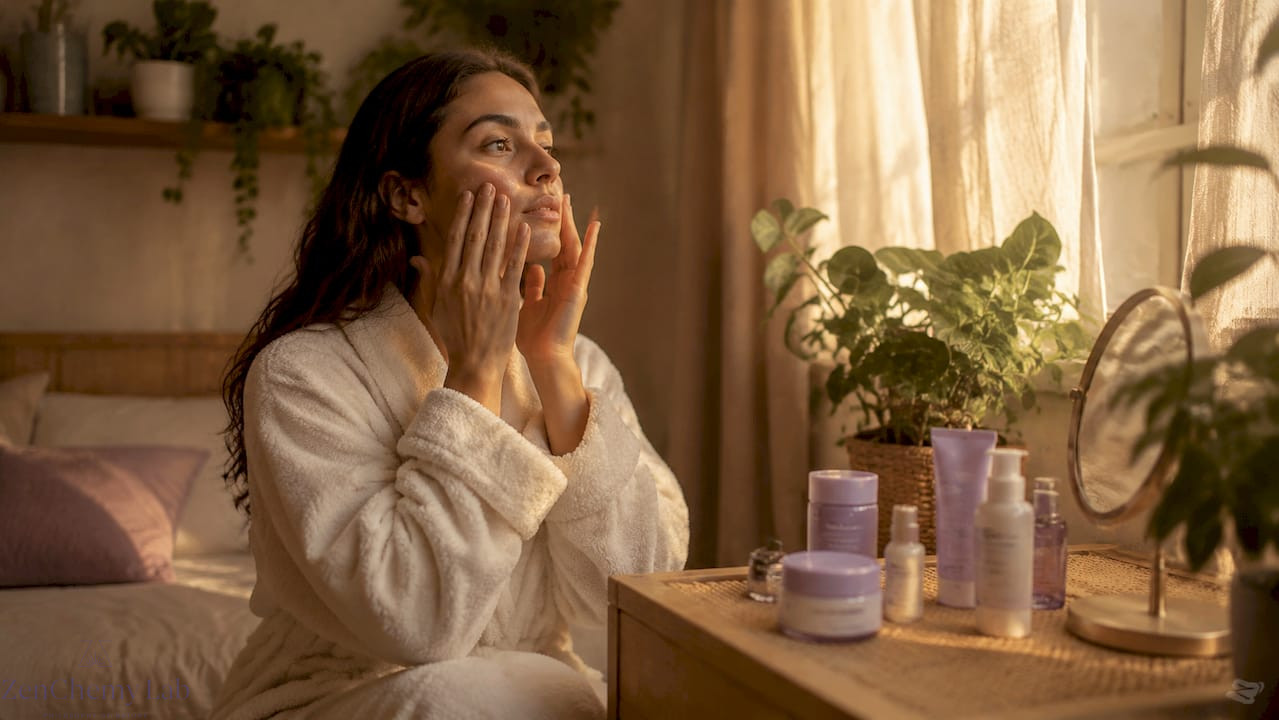 Woman applying pH balanced moisturizer in bathroom