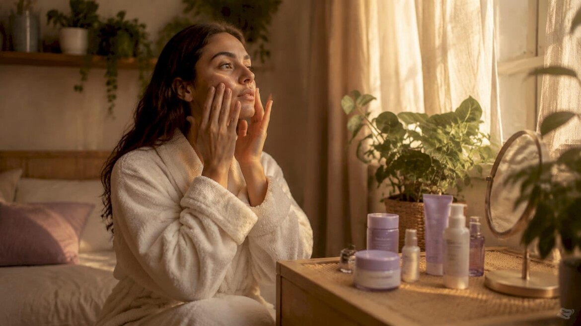 Woman applying pH balanced moisturizer in bathroom