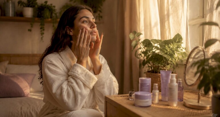 Woman applying pH balanced moisturizer in bathroom