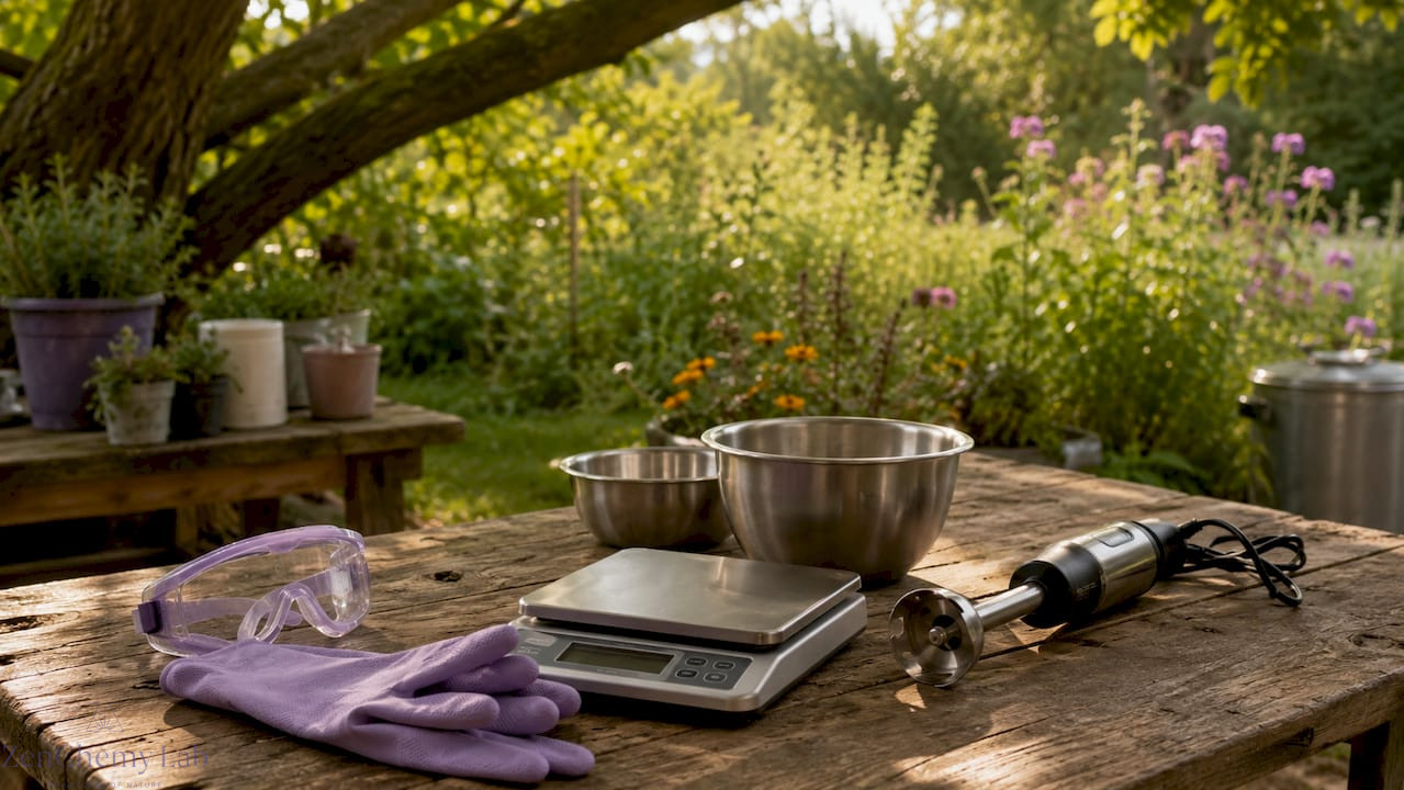 Essential equipment laid out for soap making