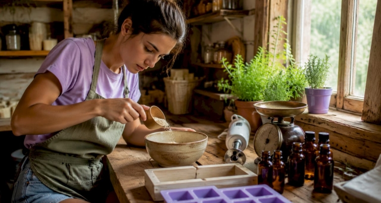 Woman measuring natural soap ingredients in kitchen