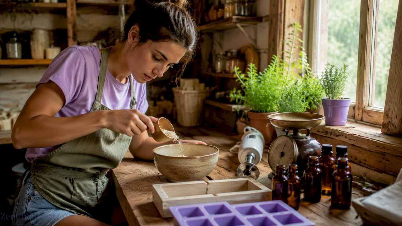 Woman measuring natural soap ingredients in kitchen