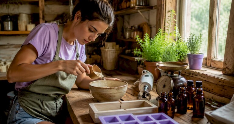 Woman measuring natural soap ingredients in kitchen
