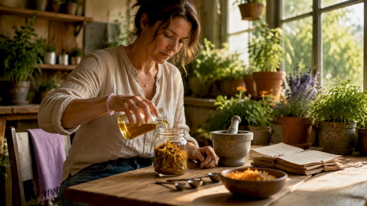 Female herbalist preparing herbal oil infusion