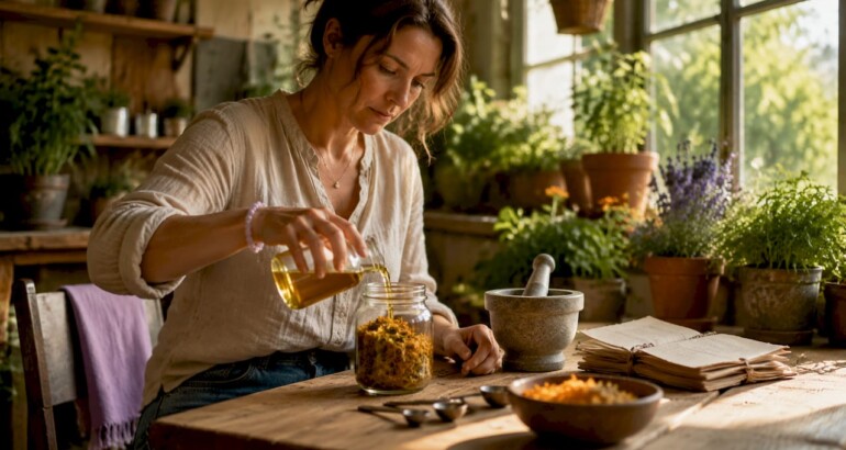Female herbalist preparing herbal oil infusion