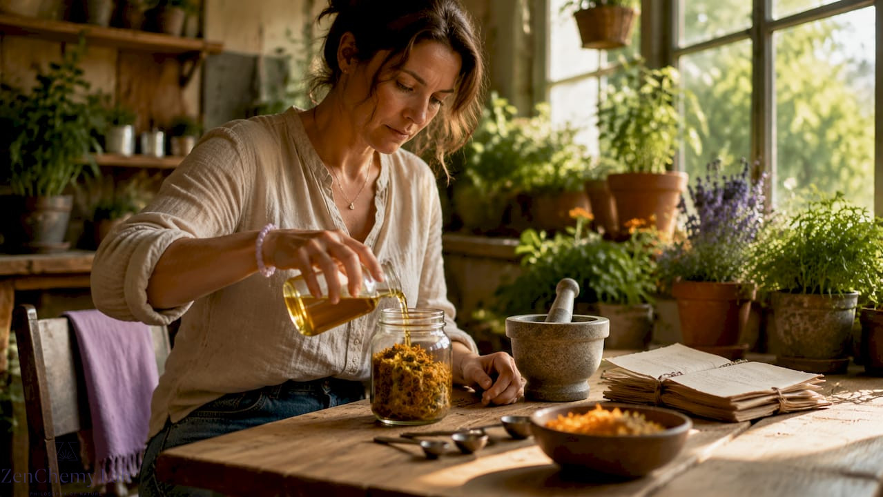 Female herbalist preparing herbal oil infusion