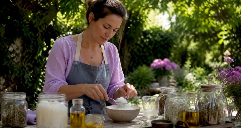 Woman preparing ingredients for organic soap