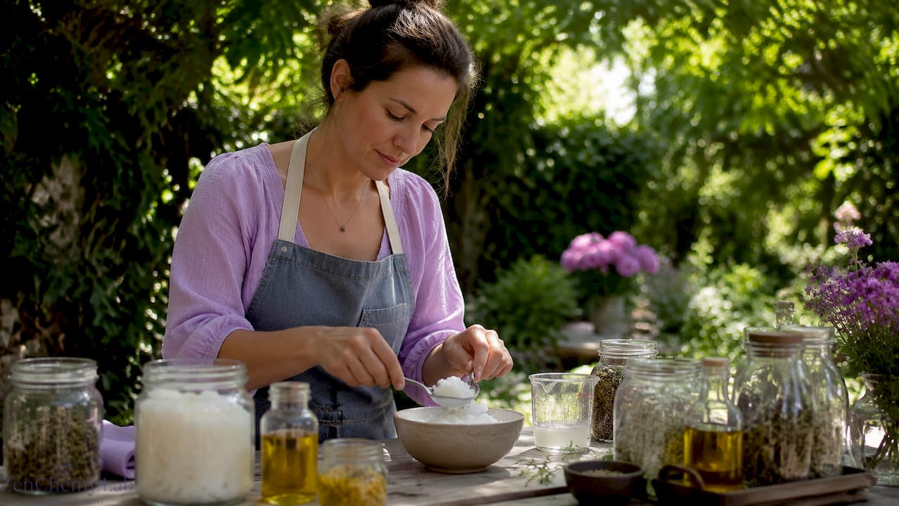 Woman preparing ingredients for organic soap