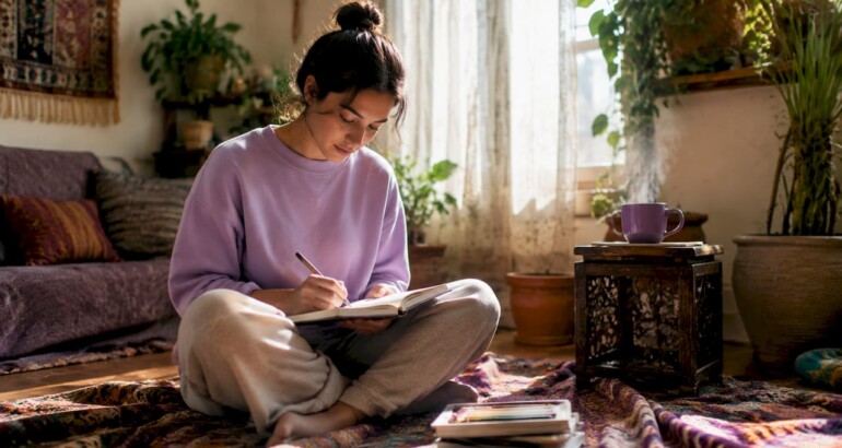 Woman journalling during morning self-care ritual