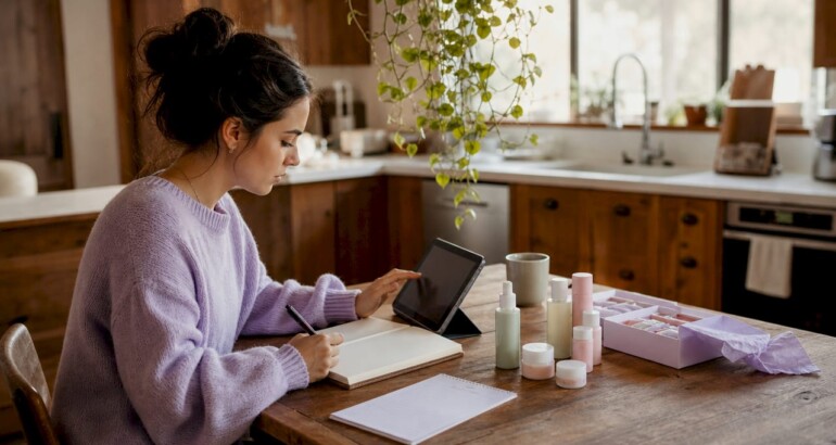 Woman researching skincare gift options at home desk