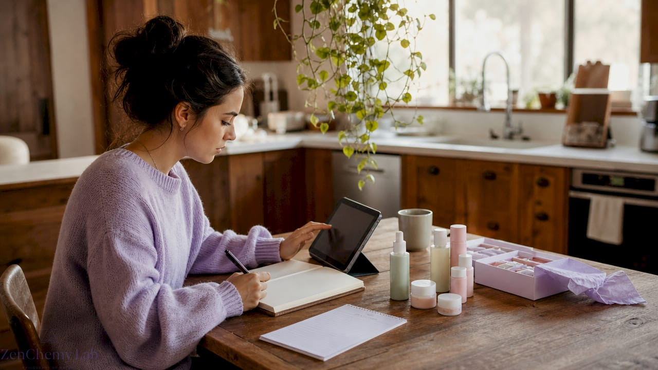 Woman researching skincare gift options at home desk