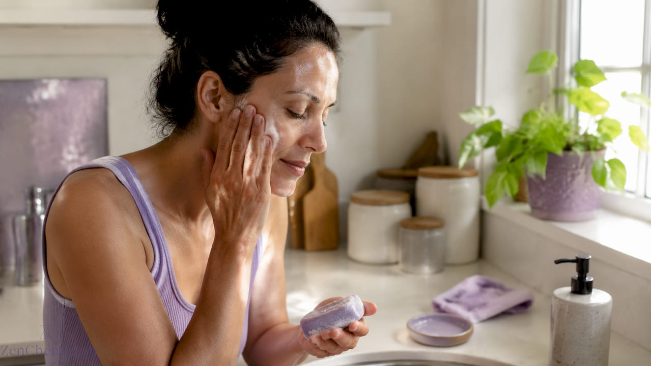 Woman washing face with pH balanced soap