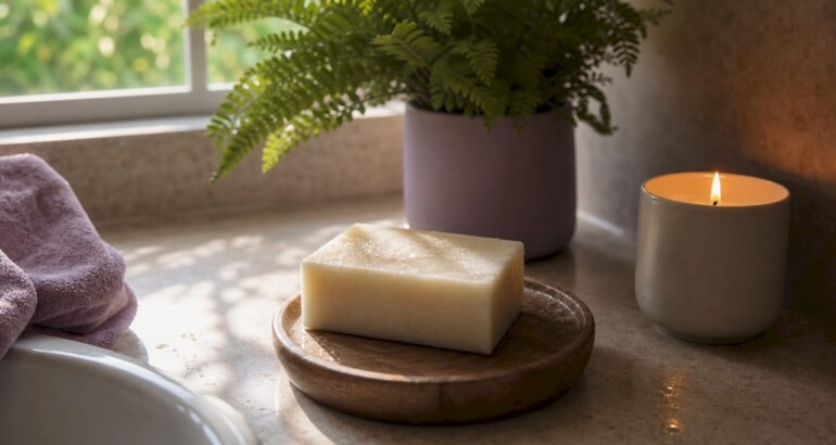 Handcrafted palm oil free soap on bathroom soap dish