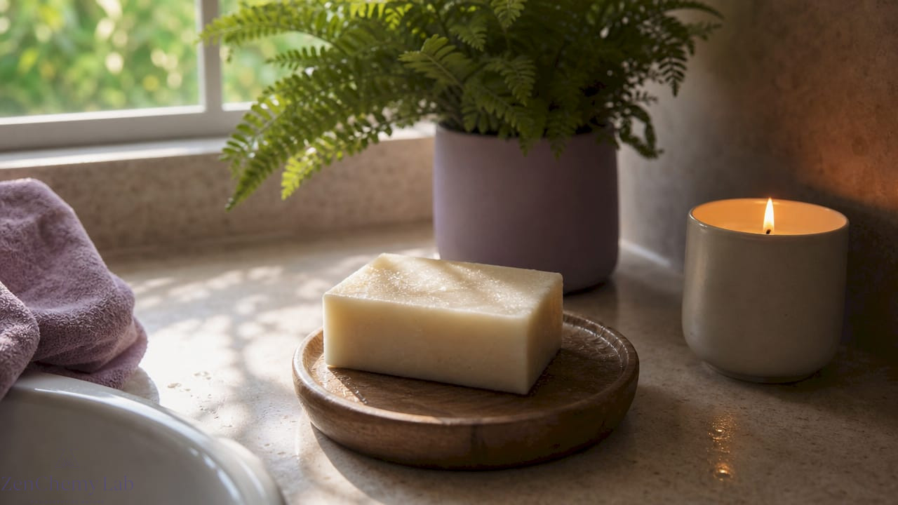 Handcrafted palm oil free soap on bathroom soap dish