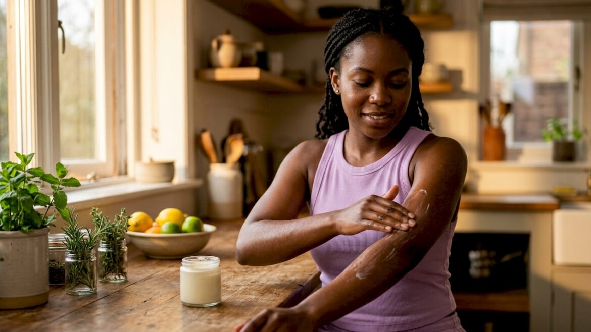 Woman applying natural emollient cream to skin